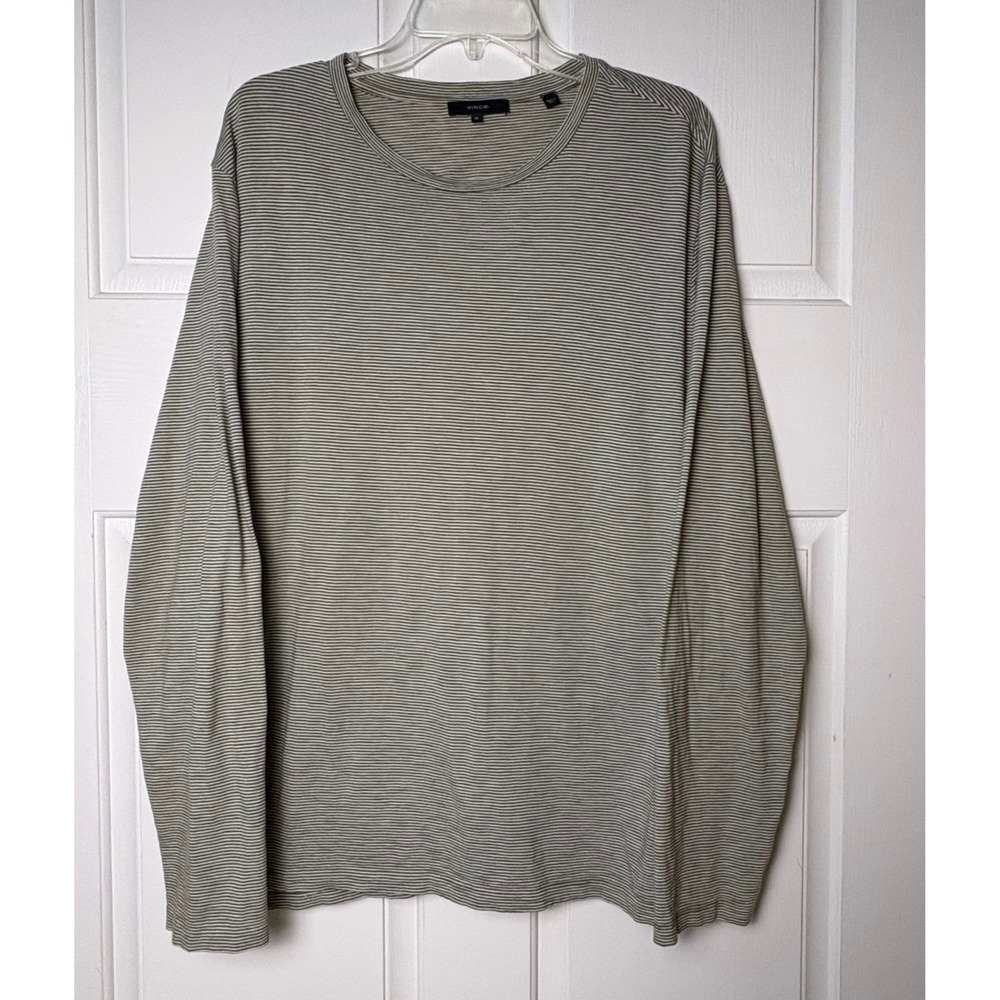 Vince Mens XL Olive Cream Striped Pima Cotton Long Sleeve T Shirt Made Peru